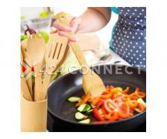 Nonstick Frying Pan With Wooden Ladles - Black/Brown
