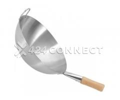 Wok Pan Deep Frying Pan With Wooden Handle - Silver